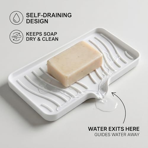 Silicone Soap Dish Tray with Drain, Large 10" x 5.2" Self-Draining Soap Holder for Bathroom Vanity and Kitchen Counter, Non-Slip Vanity Organizer for Standard & Oversized Bars (White)