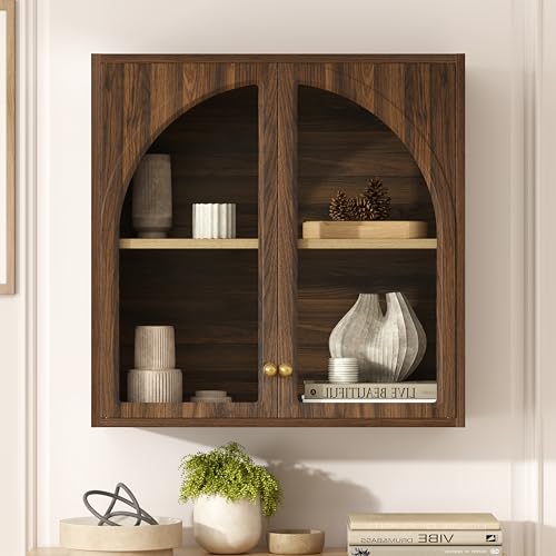 Wall Medicine Cabinet with Arched Acrylic Door, Large Modern Wall Mounted Bathroom Storage with Adjustable Shelf, Wooden Floating Over Toliet Cabinet for Bathroom, Living Room, Brown - color: Brown