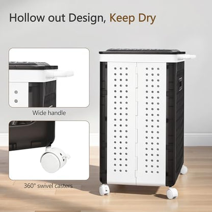 VECELO Rolling Laundry Hamper with Wheels and Lid, Foldable Plastic Laundry Basket with Handle, Rolling Divided Laundry Cart for Small Spaces, Laundry, Bathroom, Bedroom, Black - color: Black
