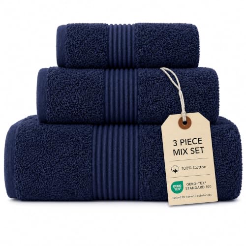 Towel Set for Bathroom, 3 Piece Turkish Cotton Bath Hand and Wash Towels | Mixed size set in Azure Blue, 600 gram weight. Double stitched hems suit family and guest use. - color: Azure Blue