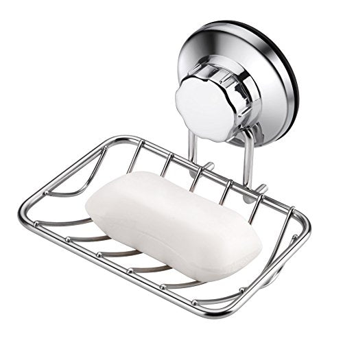 Super Powerful Vacuum Suction Cup Soap Dish, Updated Strong Rustproof Stainless Steel Shower Caddy Soap Saver Sponge Holder for Bathroom & Kitchen Sink - color: Chrome