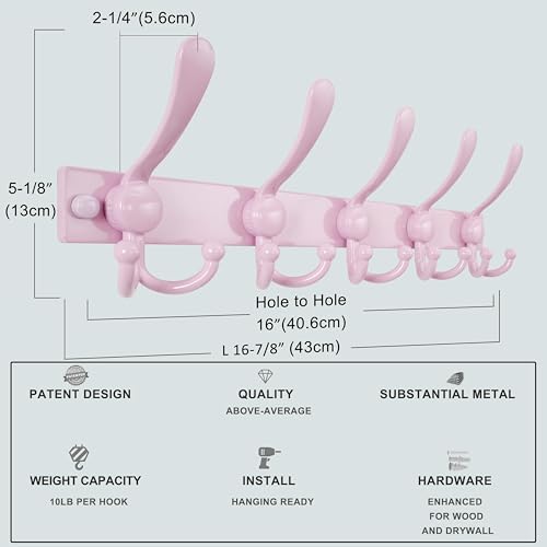 Coat Rack Wall Mount, Heavy Duty 12-Gauge Base vs Flimsy 1mm, Double-Thick Solid Anti-Snap Hooks, 16” Stud-Mount, Stainless Steel Hanger for Clothes Hat Entryway Closet Mudroom, Pink - color: Pink, size: L=17" (1pcs)