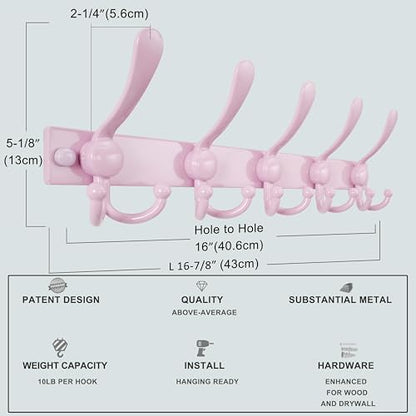 Coat Rack Wall Mount, Heavy Duty 12-Gauge Base vs Flimsy 1mm, Double-Thick Solid Anti-Snap Hooks, 16” Stud-Mount, Stainless Steel Hanger for Clothes Hat Entryway Closet, Pink, Pack of 2 - color: Pink, size: L=17" (2pcs)