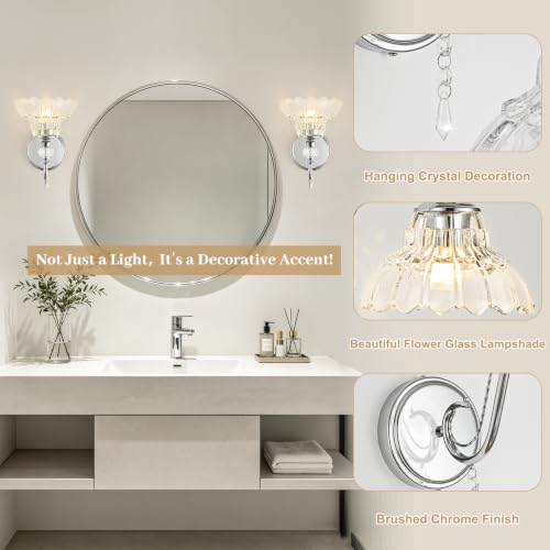 1 Piece Brushed Chrome Finish Wall Sconce, 1-Light Modern Wall Sconce with Hanging Crystal Accents and Flower-Shaped Clear Shades for Bathroom Bedroom Living Room,Modern Vanity Light - color: Chrome, size: 1-Light