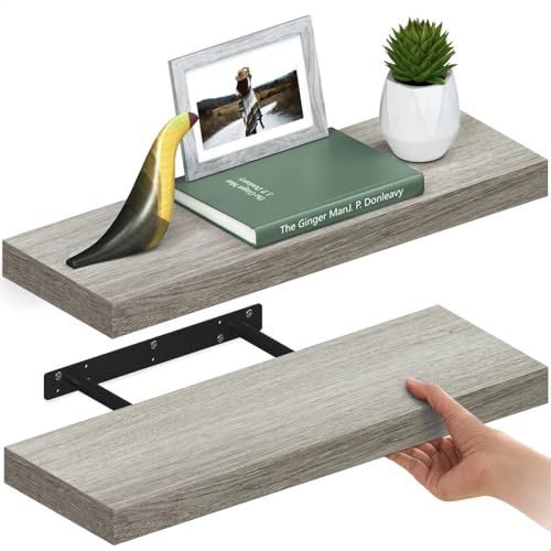 Ballucci Floating Shelves for Wall, 24" Wood Wall Shelf Set of 2, with Invisible Brackets for Bathroom, Living Room, Bedroom, Kitchen, Nursery, 8" Deep, Rustic Gray - color: Grey, size: 23.6 in (1.5)