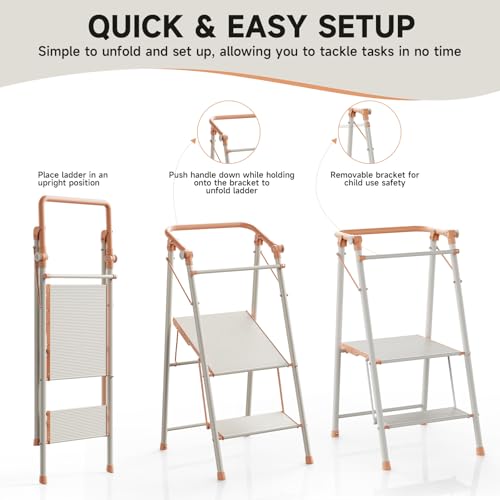 Foldable Toddler Tower, 2-in-1 Alloy Steel Kids Kitchen Step Stool & Adult 2-Step Ladder, Folding Kitchen Tower with Removable Safety Rail, Anti-Slip Steps for Kitchen & Bathroom - color: Peach Fuzz & White