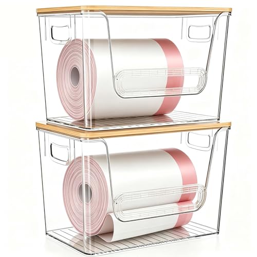 2-Pack Trash Bag Holder Dispenser with Bamboo Lid | Stackable Dispenser, Clear Plastic Organizer for Under Sink, Kitchen, Pantry, Laundry Room, Fits 13, 30, 33 Gallon Bags - size: 2 Pack