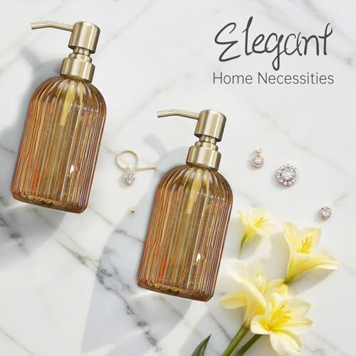 16 OZ Amber Glass Soap Dispenser, Amber Stripe Bathroom Hand Soap Dispensers with Stainless Steel Brushed Gold Pump,Brown Glass Kitchen Hand Soap Dispenser with Brushed Gold Pump,2 Packs - color: Brushed Gold + Amber, size: 2-Pack