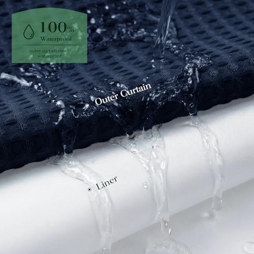 Navy Blue Hook Free Waffle Shower Curtain & Snap-in Liner,54x81 | Less Time to install, 3 in 1 Fabric Shower Curtain and Liner Set with Magnets, Stall, Long, Shower Curtains for Bathroom - color: B Navy Blue, size: 54"W x 81"L (Pack of 1)