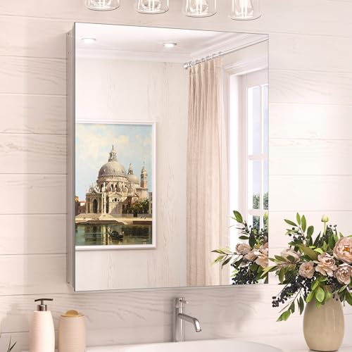 TokeShimi 20x26 Medicine Cabinet Mirror with Storage Tempered, Aluminum Surface Mount or Recessed Medicine Cabinet Silver with Adjustable Shelves for Bathroom Vanity Modern Farmhouse - color: Silver, size: 20x26 in