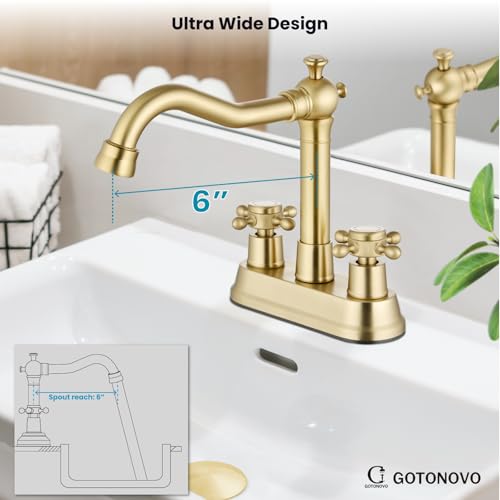 gotonovo 4 Inch Centerset Bathroom Faucet 2 Cross Handles Deck Mount 2 Hole Lavatory Vanity Utility Mixer Tap with Water Supply Hoses and Pop Up Drain RV Farmhouse, Brushed Gold - color: Brushed Gold
