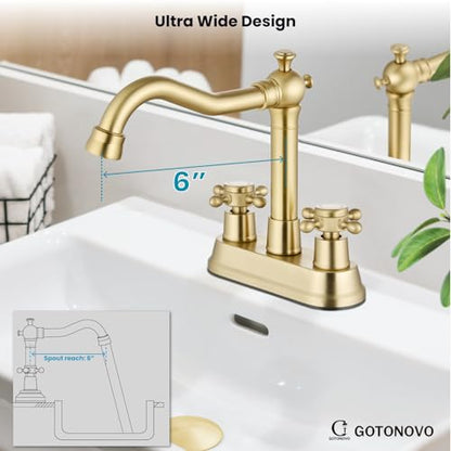 gotonovo 4 Inch Centerset Bathroom Faucet 2 Cross Handles Deck Mount 2 Hole Lavatory Vanity Utility Mixer Tap with Water Supply Hoses and Pop Up Drain RV Farmhouse, Brushed Gold - color: Brushed Gold