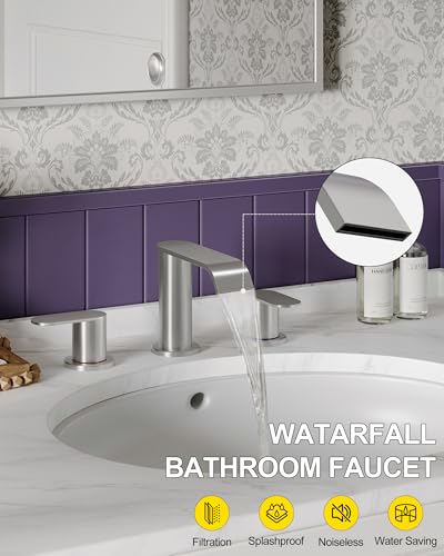 2 Pack Brushed Nickel Waterfall Bathroom Faucet for Sink 3 Hole Widespread | Bathroom Sink Faucets with Pop-up Drain and Supply Lines Stainless Steel 2-Handle Bathroom Sink Faucet by Homevacious - color: Brushed Nickel X 2, size: 8 Inch Widespread