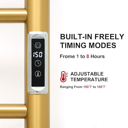 Electric Towel Warmer Rack,Heating Towel Warmer,Timer & Temperature Control,Wall-Mounted Plug-in for Bathroom, Gold,Stainless Steel,10-Bar(31.5x20.08x4.41in) - color: Round-matte Gold With Brushed Top, size: 10 Bars