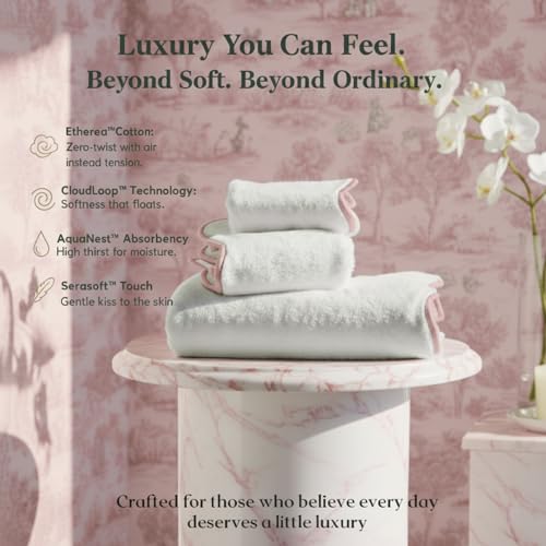 Lotus Linen Scallop Piping Towel Set of 6, 620 GSM 100% Zero Twist Cotton, 2 Bath, 2 Hand Towels, 2 Washcloths, Hanging Loops, Soft Absorbent Bathroom Essentials (Pink Piping, Towel Set (Pack of 6)) - color: Pink Piping, size: Towel Set (Pack of 6)