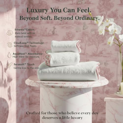 Lotus Linen Scallop Piping Towel Set of 6, 620 GSM 100% Zero Twist Cotton, 2 Bath, 2 Hand Towels, 2 Washcloths, Hanging Loops, Soft Absorbent Bathroom Essentials (Pink Piping, Towel Set (Pack of 6)) - color: Pink Piping, size: Towel Set (Pack of 6)