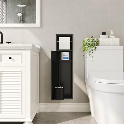 Qeke in Wall Toilet Brush Holder w/Cabinet, Black, 4" Depth | 304 Stainless Steel Rustproof Recessed Toilet Brush Holder, Tissue Paper Holder w/ Toilet Brush for Bathroom - color: Matte Black