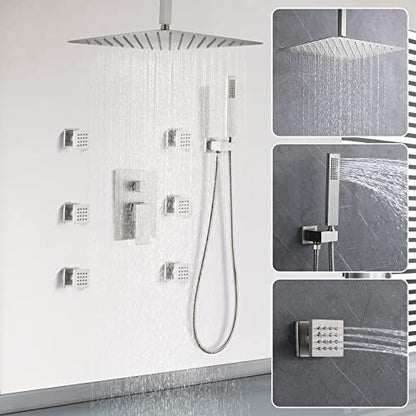 Enga Shower System with Body Jets 12 Inch Ceiling Mounted Rain Shower and Handheld Sprays Brass Full Body Massage Spa Jets Contain Rough-in Shower Valve, Brushed Nickel - color: Brushed Nickel, style: Ceiling Mount - 6 Jets