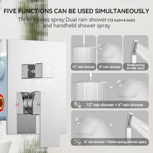 STARBATH Shower Faucet Set Shower System with Diverter Valve, Chrome | 12 Inch Ceiling Mount Rain Shower Head, 6 Inch Wall Mount Rainfall Shower Head and Handheld Spray for Two Person - color: Chrome, size: 12"+6"-02