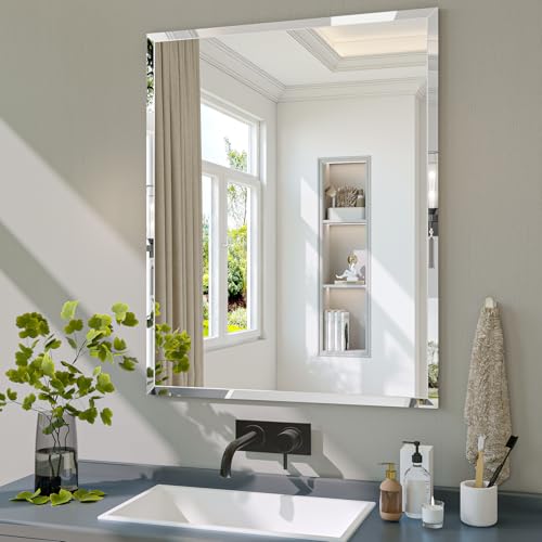 Frameless Bathroom Mirror, 24" x 30" Beveled Wall Mirror | 5mm HD glass, 20mm beveled edge, frameless, anti-rust, shatterproof, french cleat, horizontally or vertically - size: 24"L x 30"W