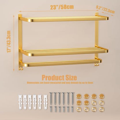 23 Inch 3-Tier Gold Towel Racks for Bathroom with Towel Bars Multilayer Hotel Towel Shelf Stainless Steel Wall-Mounted Brushed Finish Holder with Towel Shelves - color: Gold 3t