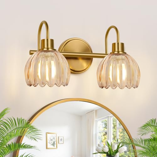 Bathroom Light Fixtures, 2-Light Brushed Gold Vanity Lights for Bathroom with Ribbed Amber Tulip Glass Shade, Vanity Lights Over Mirror for Bedroom, Living Room, Hallway - color: Brushed Gold - Tulip Amber, size: 2-light