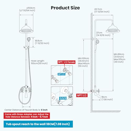 gotonovo Exposed Shower System with Spout,Oil Rubbed Bronze,No Shower Shelf | Brass Shower Faucet Set,8’’ Rain Head with Handheld Spray,Swivel Tub Spout,2 Cross Handle,6’’ Hole Distance,Adjustable Height - color: Bronze