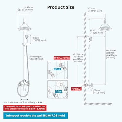 gotonovo Exposed Shower System with Spout,Oil Rubbed Bronze,No Shower Shelf | Brass Shower Faucet Set,8’’ Rain Head with Handheld Spray,Swivel Tub Spout,2 Cross Handle,6’’ Hole Distance,Adjustable Height - color: Bronze