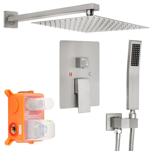 Brushed Nickel Square Rainfall Shower Head Set with Handheld, 10" | 10 Inch Square Head, With Shower Valve, Rustproof Brushed Nickel, High Pressure Raindrop - color: Brushed Nickel, style: 2 Setting-10in