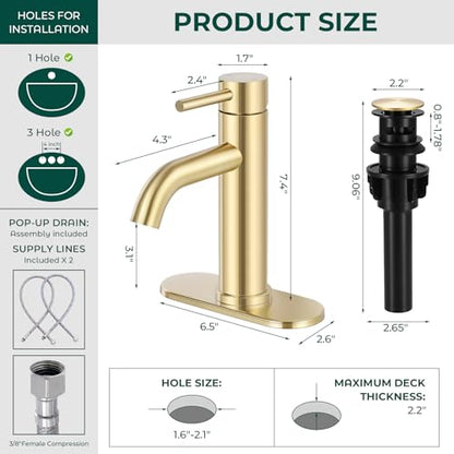 Bathroom Faucet, Single Handle Vanity Sink Faucet, Brushed Gold | Brushed Gold, for 1/3-Hole, Stainless Steel, Ceramic Cartridge, Pop-Up Drain, Deck Plate, For Vanity Powder Laundry - color: Brushed Gold