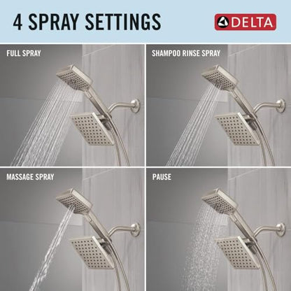 Delta Square 2-in-1 Dual Shower Head with 4-Setting HandHeld Spray, Brushed Nickel Detachable Double Shower Head with Hose, Showerhead, 1.75 GPM Flow Rate, Stainless 75755SS - color: Stainless