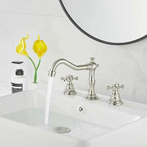 2 Handles 3 Holes Faucet Widespread Bathroom Sink Faucet Brushed Nickel Basin Tap Mixer Faucet Matching Pop Up Drain - color: Brushed Nickel, style: Ceramic Cover