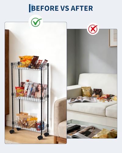 GarveeHome Slim Rolling Storage Cart, 3 Tier Metal Utility Cart with Wheels, Adjustable Shelving Unit Basket for Kitchen Bathroom Laundry Room Living Room & Narrow Corner, 15.75"X5.91"X31.5", Black - size: 3 Tier