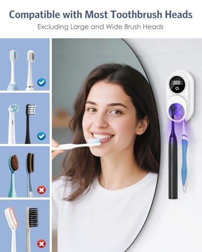 Toothbrush Sanitizer Holder, Upgraded UV Toothbrush Holder with Dual-Mode Clean & Fan Dry, LED Smart Screen, Auto-Inductive Cover, Toothbrush Wall Mounted Cleaner Organizer for Bathroom, Trip - color: White