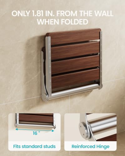 Folding Shower Seat Wall Mounted, Real Wood Shower Chair for Inside Shower | Shower bench folds to a 1.81 in profile for small spaces, 304 stainless steel frame supports 400 lb. Cherry Wood finish.