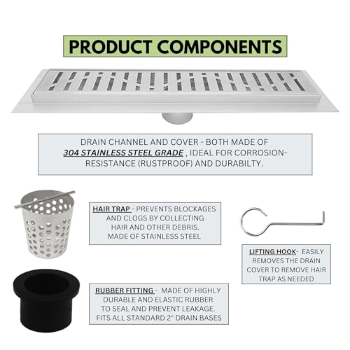 304 Stainless Steel Brushed Nickel Linear Shower Drain Kit Wind Linear Shower Drains for Tile Floor Long Hair Catcher Strainer Grate Cover Bathroom (35 Inch) - size: 35 Inch