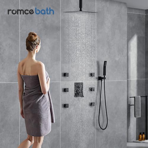 Rain Shower System With Complete 6 Pcs Body Sprays Jets And Pressured Balance Rough-in Valve,12Inch Rainfall Shower Head And Handheld, Modern Matte Black Ceiling Mount Shower Faucets Sets - color: Matte Black, style: Ceiling-Mount 6 Jets