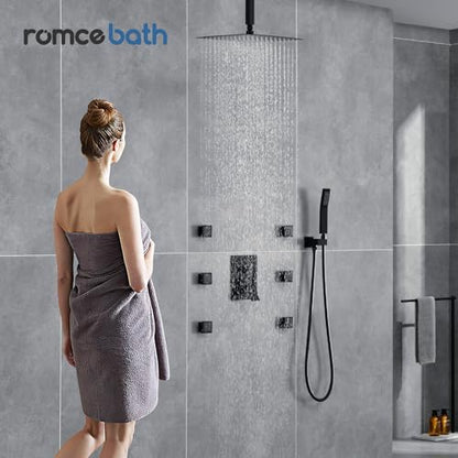 Rain Shower System With Complete 6 Pcs Body Sprays Jets And Pressured Balance Rough-in Valve,12Inch Rainfall Shower Head And Handheld, Modern Matte Black Ceiling Mount Shower Faucets Sets - color: Matte Black, style: Ceiling-Mount 6 Jets