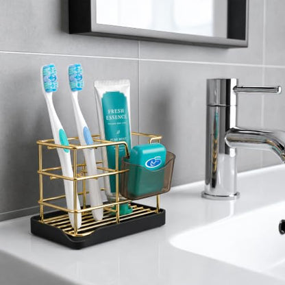 HBlife Toothbrush Holders for Bathrooms Gold, Small Stainless Steel Bathroom Toothbrush Holder with Tray, Bathroom Accessories and Apartment Essentials - color: Gold