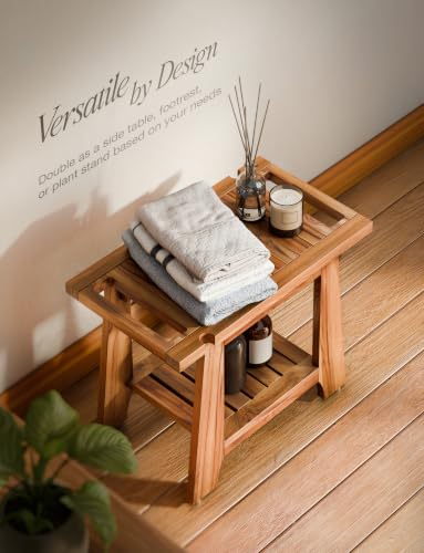 TINAMO 22”L Shower Bench for Inside Shower with Shower Holder, Holds 400LBS | Teak Wood, 400 LBS Capacity, Slatted Design, Built-In Shelf, Handles & Shower Holder, Non-Slip, Water-Resistant, Versatile