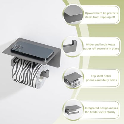 Toilet Paper Holder with Phone Shelf Gunmetal Gray, 304 Stainless Steel Rustproof Wall Mounted Heavy-Duty, Space-Saving for Modern Bathrooms - color: Gun Gray, size: Single Rod