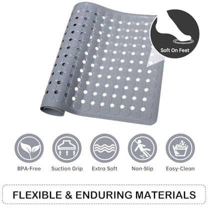 Non-Slip Bathtub and Shower Mats, Power Grip Bath Mat 35 x 16.3 Inch with Suction Cups and Drain Holes for Tub Bathroom Floor Safety, Machine Washable Soft Bathmat, Gray - color: Gray