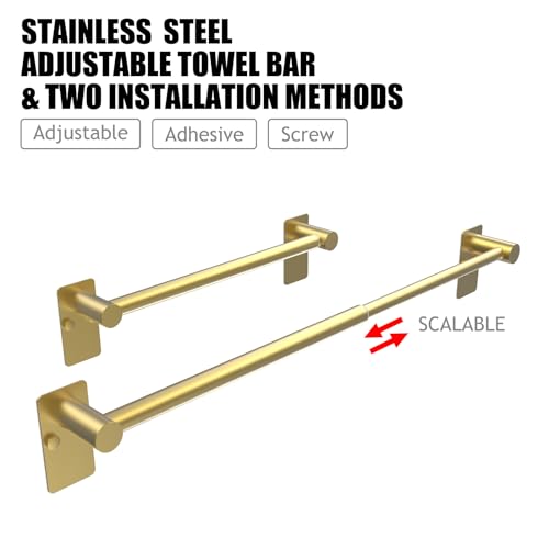 Towel Bar, Adhesive or Drill Wall Mount, Brushed Gold, 2 Pack | Adjustable 14.4 to 25.2 Inch, 304 Stainless Steel Hand Towel Holder, Square Base Towel Racks for Bathroom, Kitchen Use - color: Standard Length–gold