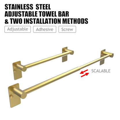 Towel Bar, Adhesive or Drill Wall Mount, Brushed Gold, 2 Pack | Adjustable 14.4 to 25.2 Inch, 304 Stainless Steel Hand Towel Holder, Square Base Towel Racks for Bathroom, Kitchen Use - color: Standard Length–gold