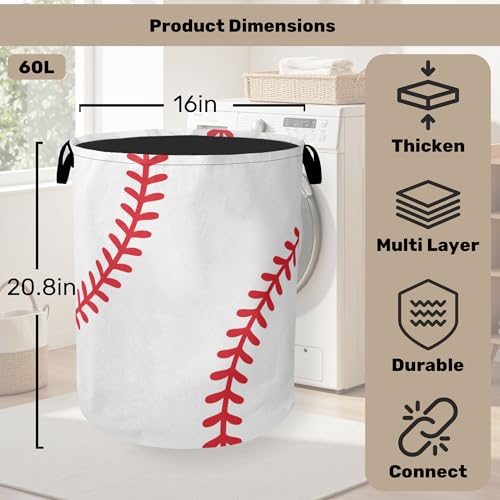 Baseball Large Clothes Hamper Bag - Laundry Basket with Handles, Space Saving Foldable Design for Nursery - color: Baseball