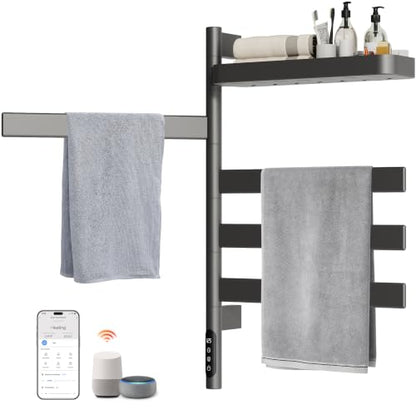 ENZE Smart Rotating Heated Towel Rack, 4-Bar Wall-Mounted, Gray | Electric Towel Warmer with Swivel Shelf, Wi-Fi App Control, 24H Timer, Stainless Steel, IPX5, Hardwired/Plug-in - color: Gray 17.72"x26.77"