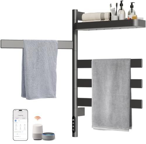 ENZE Smart Rotating Heated Towel Rack, 4-Bar Wall-Mounted, Gray | Electric Towel Warmer with Swivel Shelf, Wi-Fi App Control, 24H Timer, Stainless Steel, IPX5, Hardwired/Plug-in - color: Gray 17.72"x26.77"