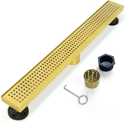 18 inch Linear Shower Drain Brushed Gold with Grate Removable | Square Hole Panel,AISI 304 Stainless Steel Fast Drainage Rectangle Hidden Shower Trench,Detachable Hair Catcher,Leveling Feet - color: Gold, size: 18 inch+No Base