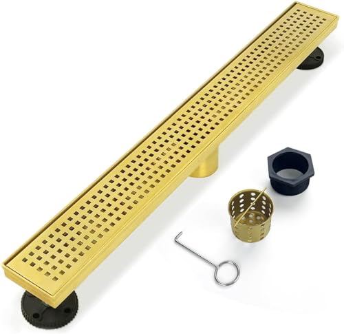 18 inch Linear Shower Drain Brushed Gold with Grate Removable | Square Hole Panel,AISI 304 Stainless Steel Fast Drainage Rectangle Hidden Shower Trench,Detachable Hair Catcher,Leveling Feet - color: Gold, size: 18 inch+No Base