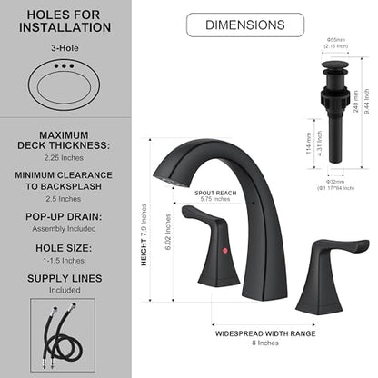 Black Bathroom Faucets for Sink 3 Hole 8 Inch 2 Handle Widespread | Bathroom Vanity Faucet with Pop Up Drain & Supply Lines, Lead-Free cUPC & NSF Certified, 8 Inch Faucet for Vanity RV Sink - color: Matte Black